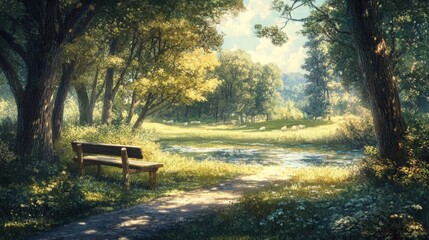 Canvas Print - Serene Lakeside Bench: A Peaceful Woodland Escape