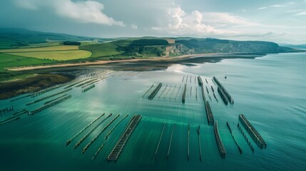 Poster - Wooden structures jut out from the turquoise waters, creating an intriguing pattern against a backdrop of lush green hills and a wide sandy beach under a clear sky.