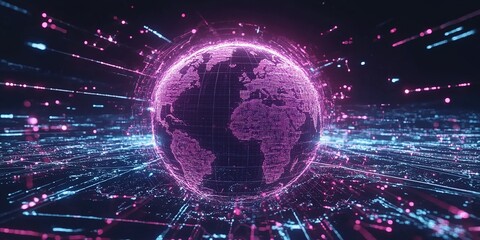 Poster - Digital representation of Earth with glowing pathways illustrating global connectivity and technology in modern design