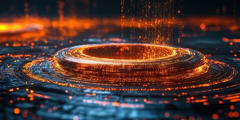 Poster - Dynamic display of glowing orange particles rising from a circular structure against a dark background at night