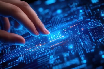 Poster - Exploring a digital circuit board with a hand reaching towards glowing components in a technology setting
