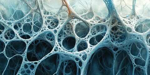 Poster - Intricate patterns of interconnected fibers resembling cellular structures in a blue and white color palette