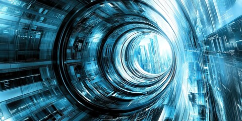 Poster - Futuristic tunnel with glowing blue lines and city skyline visible in the distance during a digital art creation