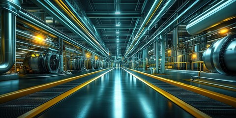 Poster - Industrial facility with complex piping and machinery at night showcasing advanced production environment