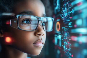 Poster - Young child with glasses focused on interactive technology display in a modern environment
