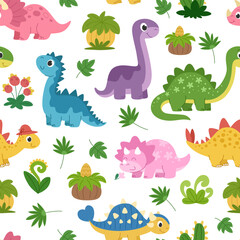 Wall Mural - Cartoon dinosaurs children's seamless pattern. Cute triceratops, ankylosaurus, brontosaurus and other dinosaurs kids background for fabric, packaging and other design.