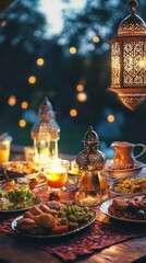 Aufkleber - Gathered for a joyous Eid celebration, family members enjoy a beautifully arranged dinner table adorned with vibrant dishes, flickering lanterns, and warm twilight