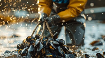 Poster - A worker in waterproof clothing pulls a bundle of freshly harvested mussels from the water. The sunlight glimmers off the rippling water, creating a vibrant atmosphere.