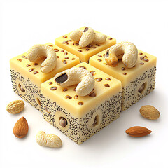 Wall Mural - Four square cheeses topped with cashews and scattered nuts, creating an artistic and appetizing composition on a white surface.