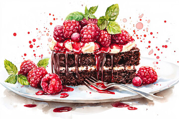 Canvas Print - Watercolor painting of a chocolate layer cake with raspberries, cream, chocolate sauce, and mint leaves on a white plate.