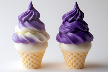 Wall Mural - Two sculpted purple and white soft-serve ice cream cones stand side-by-side against a plain background.