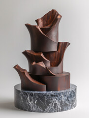 Wall Mural - Abstract brown sculpture with layered, curving forms, resting on a cylindrical marble base.