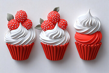 Canvas Print - Three stylized cupcakes with red bases and white frosting, two adorned with red berry toppings.