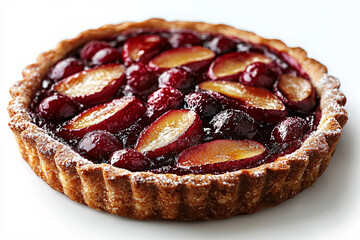 Plum and berry tart with a delicate crust dusted with powdered sugar on a white background.