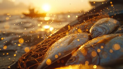 Poster - Caught fish lie on a weathered surface, glimmering as droplets catch the morning light. A fishing boat heads towards the shore in the backdrop of a serene sunrise.