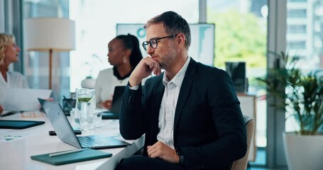 Poster - Business people, laptop and man in office, face and problem solving with financial report. Group, email and employees with accounting, pc and internet with online reading, choice and income growth