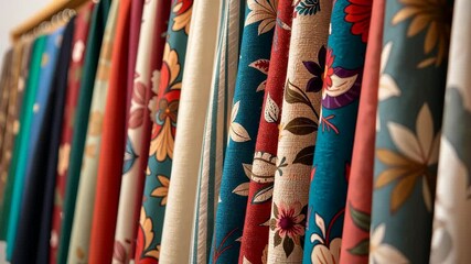 Poster - A row of colorful fabric with floral designs. Some are red, some are blue, and some are white