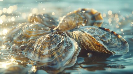 Poster - A cluster of fresh oysters sits elegantly on the surface of calm water, glistening under soft sunlight, surrounded by gentle ripples.
