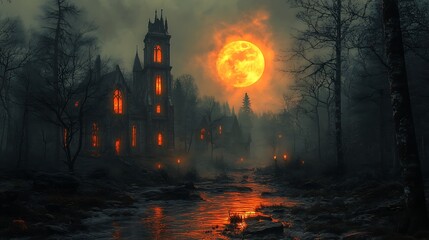 Wall Mural - An abandoned village with eerie lights and twisted trees under a haunting orange moon