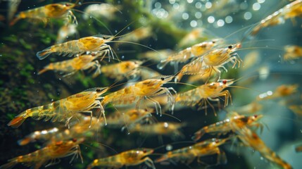 Aufkleber - A large group of bright orange shrimp moves energetically in a clear aquatic environment, showcasing their natural habitat among green plants and bubbles.