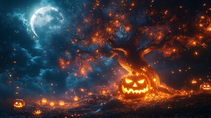 a twisted tree with glowing jack o lantern faces carved into its bark under a spooky moon