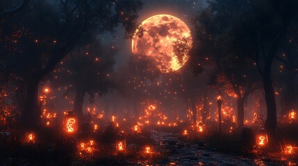 A spooky forest clearing with flickering lanterns and strange symbols glowing under an eerie moon