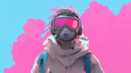 Poster - Digital Art Piece in Cyberpunk Style Featuring a Character with Futuristic Gear Against a Vibrant Background