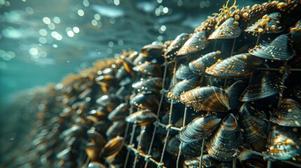 Poster - Mussels cling tightly to a submerged surface, showcasing their dark shells sparkling in sunlight as gentle water currents ripple around them in a coastal area.