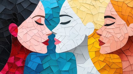 Poster - Mosaic Artwork Featuring Diverse Women Faces from Various Cultures in Vibrant Colors