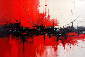 Wall Mural - a striking abstract painting with bold red and white strokes dominating the canvas. black lines weav