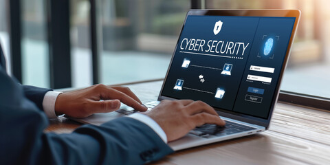 Poster - cyber security system on computer screen protect private information brisk from hacker and cyber att