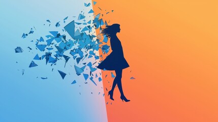 Poster - Stylized Illustration of a Woman Breaking Through Barriers with Dynamic Triangular Shapes in Vibrant Colors