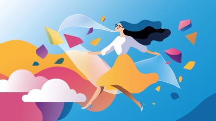 Poster - Stylized Illustration of a Woman Breaking Through Colorful Barriers in a Vibrant Landscape