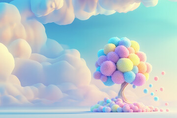 Naklejka na meble Depicts a whimsical and fantastical tree that appears to be made of soft, pastel-colored pom-poms or cotton-like clusters