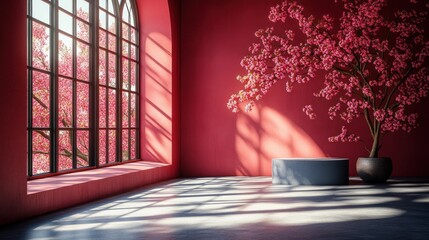 Wall Mural - Red Room Podium Cherry Blossom Sunlight