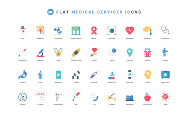 Aufkleber - Medical service, emergency first aid, laboratory diagnostics of patient in hospital color icon set. Doctor and stethoscope, pharmacy treatment and pills, health check flat elements vector illustration