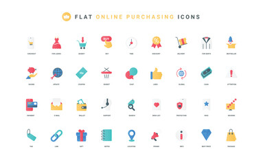 Fototapete - Shopping and sales in online store with discount coupons, order in mobile application color icon set. Location for delivery, payment for basket and support service flat elements vector illustration