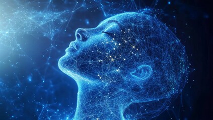 serene woman, digital network, glowing background, ai concept