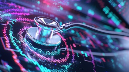 Leinwandbilder - A stethoscope and digital health chart concepts. Digital stethoscope overlaid with colorful data patterns, symbolizing healthcare technology and innovation.