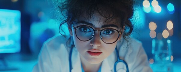 Aufkleber - A stethoscope and digital health chart concepts. A focused female doctor with glasses looks intently at the camera in a modern, illuminated medical environment.