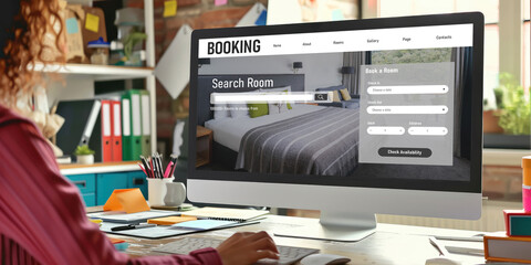 Wall Mural - Online hotel accommodation booking website provide brisk reservation system . Travel technology concept .