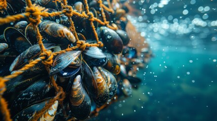 Poster - A vibrant underwater ecosystem showcases mussels thriving on fishing nets, surrounded by clear blue water and shimmering sunlight creating a magical effect in the habitat.