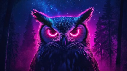 Poster - Majestic owl with glowing eyes in a mystical forest under starry night sky. Generative AI