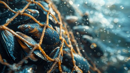Poster - Mussels are caught in a fishing net underwater, with sunlight filtering through the water, creating a vibrant display of marine colors and textures in a coastal environment.