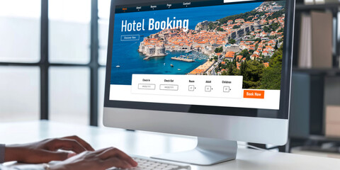 Poster - online hotel accommodation booking website provide brisk reservation system . travel technology conc
