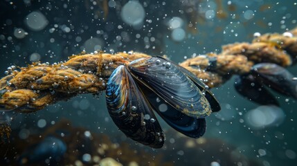 Poster - Mussels are attached to a submerged rope, surrounded by bubbles in a serene underwater environment. Soft light filters through, highlighting their vibrant colors and textures.