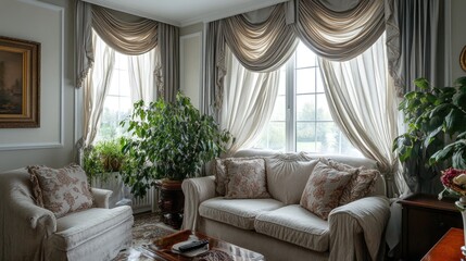 Wall Mural - Elegant Living Room Interior Design with Luxurious Curtains and Comfortable Seating