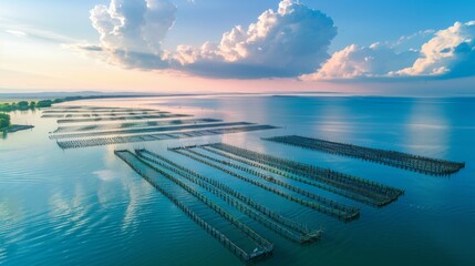 Aufkleber - The peaceful coastal landscape showcases wooden structures used for aquaculture, reflecting soft golden light from the setting sun. Gentle waves add a calming effect.