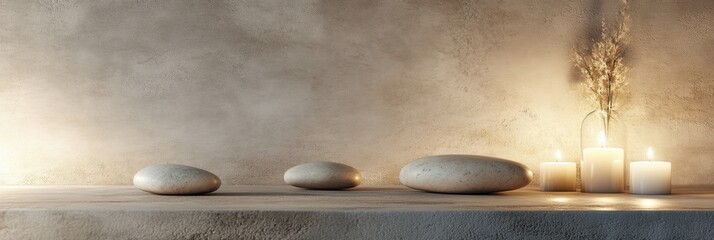 Poster - Serenity and relaxation with smooth stones and candles in a tranquil spa environment for ultimate well being. Generative AI