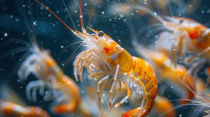 Aufkleber - A group of shrimp is swimming elegantly in clear ocean waters, displaying their vivid colors and intricate details, creating a mesmerizing view of marine life in motion.